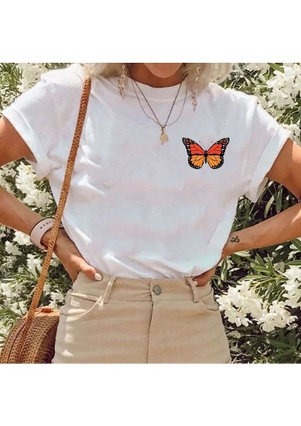Butterfly Baskılı Oversize Pamuk Penye Kumaş Beyaz Tshirt