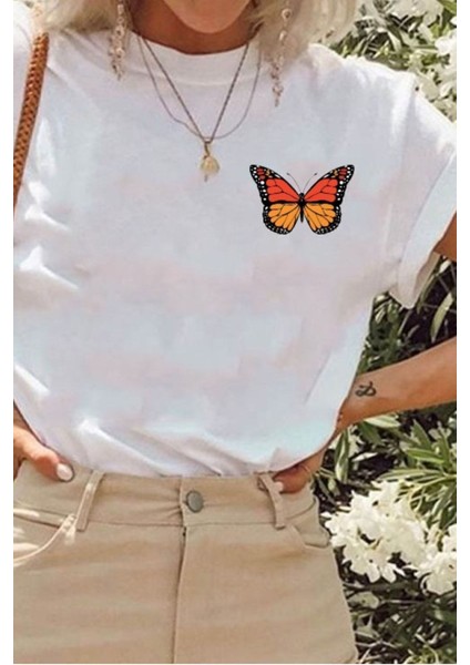 Butterfly Baskılı Oversize Pamuk Penye Kumaş Beyaz Tshirt fiyatları
