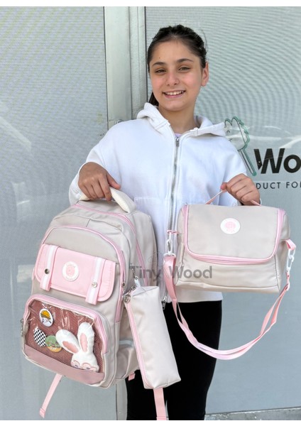 Kawaii Kore Tarzı Aksesuarlı ve Ergonomik Okul Sırt Çantası Siyah-Bej-Gri| Beslenme, Kalemlik Set