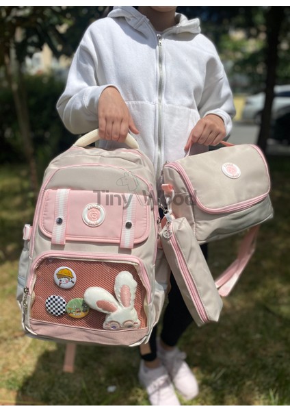 Kawaii Kore Tarzı Aksesuarlı ve Ergonomik Okul Sırt Çantası Siyah-Bej-Gri| Beslenme, Kalemlik Set fiyatları