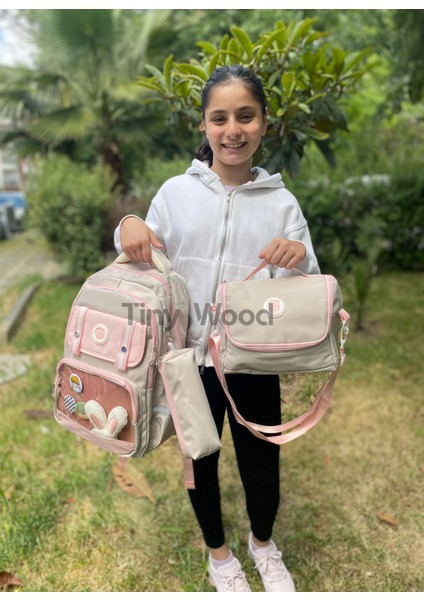 Kawaii Kore Tarzı Aksesuarlı ve Ergonomik Okul Sırt Çantası Siyah-Bej-Gri| Beslenme, Kalemlik Set modelleri