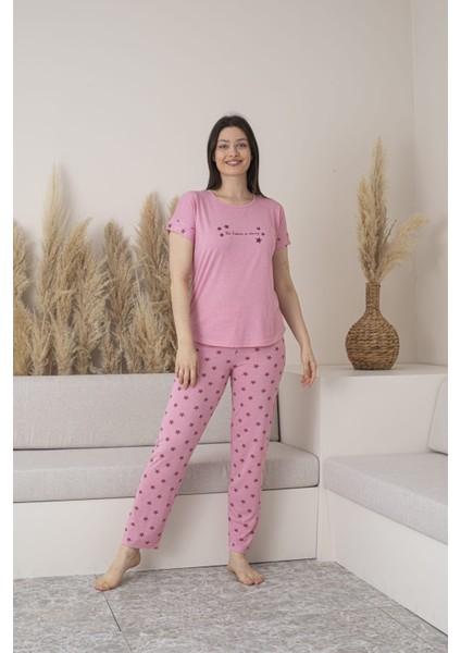 Kadın Yıldız Desenli Viskon Kısa Kol Pijama Takımı-Pembe