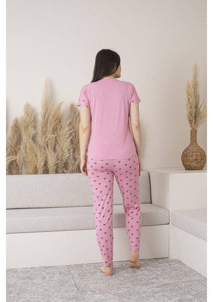 Kadın Yıldız Desenli Viskon Kısa Kol Pijama Takımı-Pembe