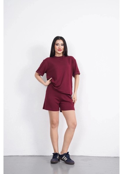 Osy Modal Yumuşak Dokulu Kumaş Kadın Bisiklet Yaka T-Shirt Kısa Şort Ikili Takım - Bordo