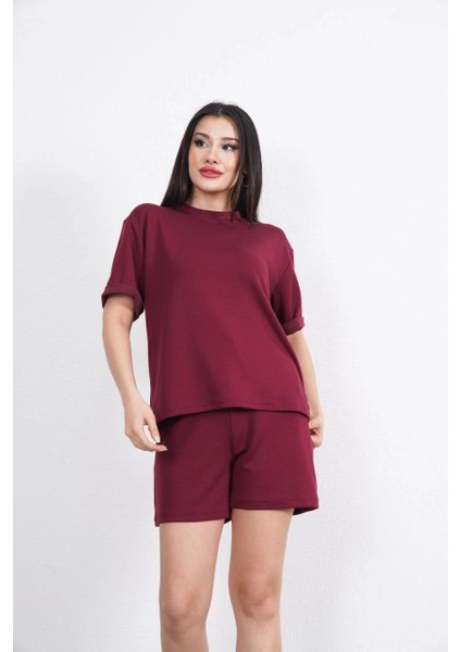Osy Modal Yumuşak Dokulu Kumaş Kadın Bisiklet Yaka T-Shirt Kısa Şort Ikili Takım - Bordo