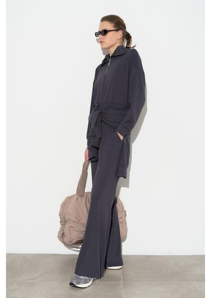 Modal Örme Fermuarlı Sweatshirt Füme
