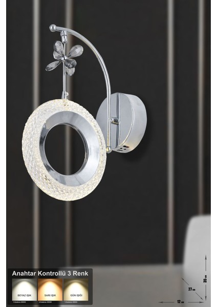 Ribera Power Ledli Modern Lüks Duvar Aplik (3 Renk Sarı-Beyaz-Gün Işığı) - Krom