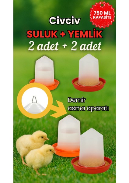 Civciv Başlangıç 2 Adet Suluk ve 2 Adet Yemlik Takım 750 ml Keklik Güvercin Suluğu Bıldırcın Yemliği