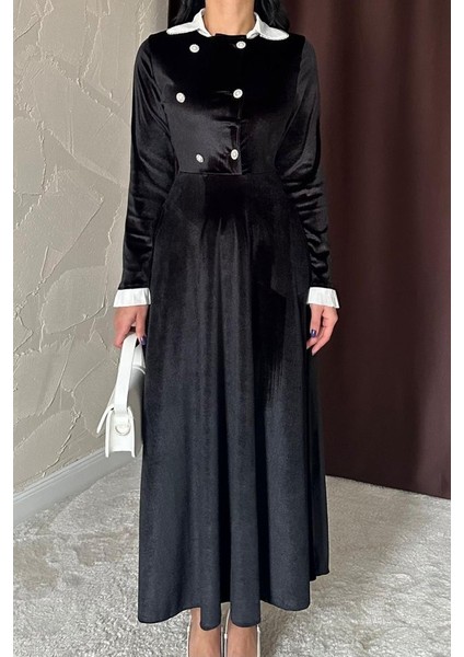 Siyah Yakası Taşlı Garnili Kadife Elbise