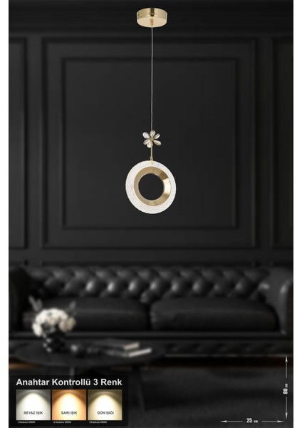 Ribera Tekli Ledli Modern Lüks Sarkıt Avize (3 Renk LED Sarı - Beyaz - Gün Işığı) - Gold