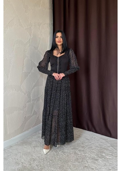 Siyah Dantelli Taşlı Şeritli Elbise