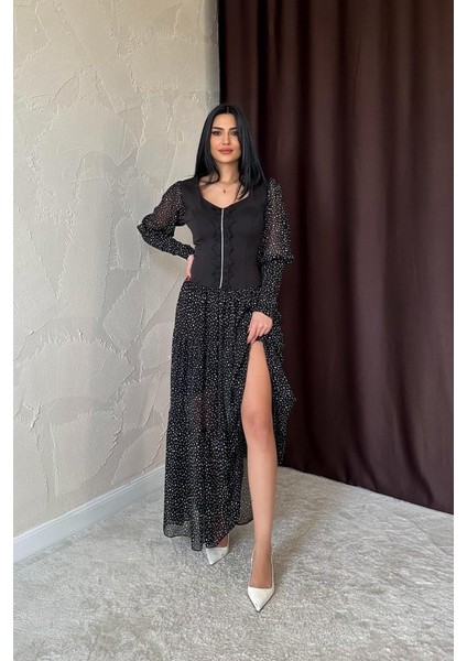 Siyah Dantelli Taşlı Şeritli Elbise