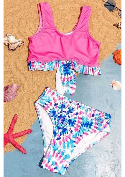 (3-7 Yaş) Kız Çocuk Bağlama Detaylı Karışık Desenli mayo bikini - Pembe