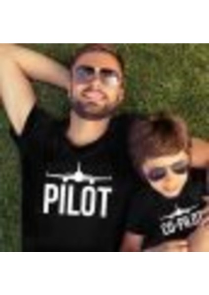Baba Oğul Pamuklu Tişört Kombini Pilot Co-Pilot Siyah T-Shirt 2li Tshirt Takımı