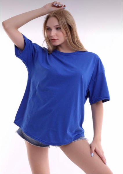 Unisex Pamuklu Saks Mavisi Bisiklet Yaka Oversize T-Shirt fiyatları