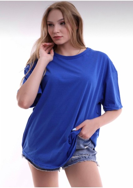 Unisex Pamuklu Saks Mavisi Bisiklet Yaka Oversize T-Shirt modelleri