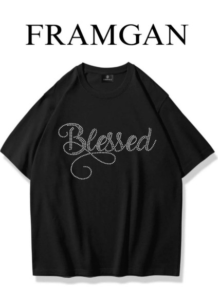 Kadın Blessed Baskılı Pamuklu Siyah T-Shirt