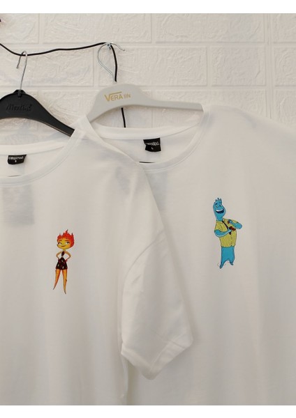 Çiftlere Özel Ateş ve Su Baskılı Oversize T-Shirt
