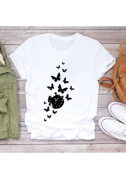 Kelebek Baskılı Beyaz Tişort