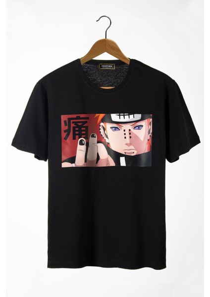 Siyah Önü Anime Baskılı Oversize Pamuklu T-Shirt