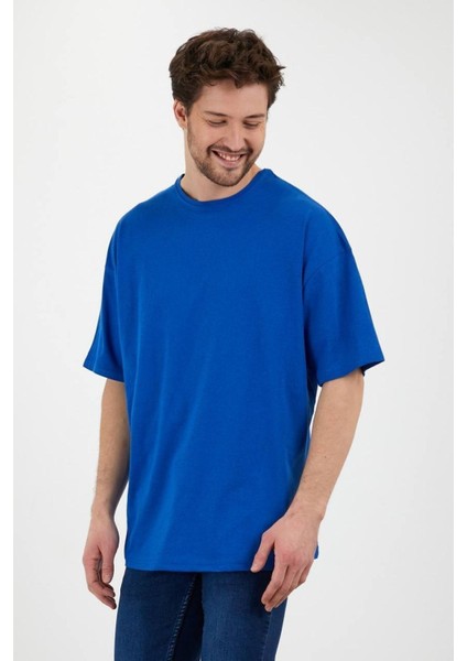 Pamuk Bisiklet Yaka Saks Mavi Oversize T-Shirt