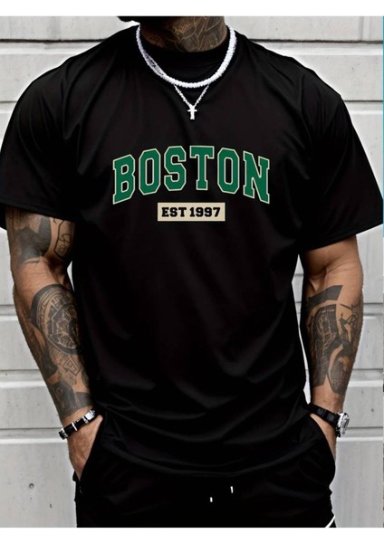 Erkek Beyaz Siyah Gri Oversize Boston Est 1997 Baskılı Bisiklet Yaka T-Shirt