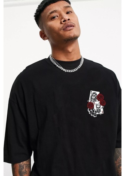 Siyah Ön Baskılı Pamuklu T-Shirt