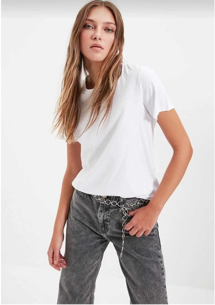 Süper Kalite Kadın Tişört Düz Renk Siyah Beyaz Bisiklet Yaka Organik Pamuk Penye T-Shirt