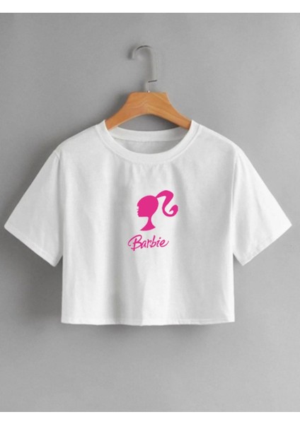 Kadın Beyaz Barbie Baskılı Crop Tshirt