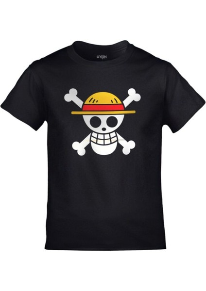 One Piece Logo Kurukafa Baskılı Unisex Siyah Çocuk Tshirt