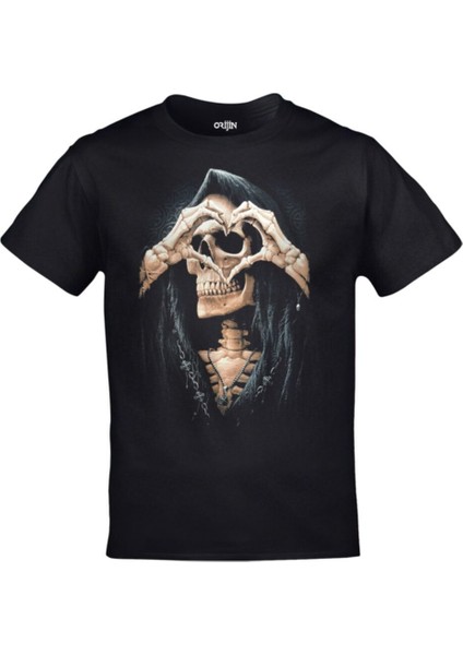 Siyah Kurukafa Kalp Ön Arka Baskılı Tshirt