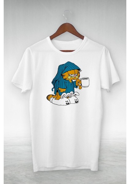 Beyaz Uyku Tulumlu Garfıeld Illustrasyon Çizim Tshirt