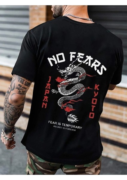 Unisex Baskılı Siyah T-Shirt No Fears Ejderha