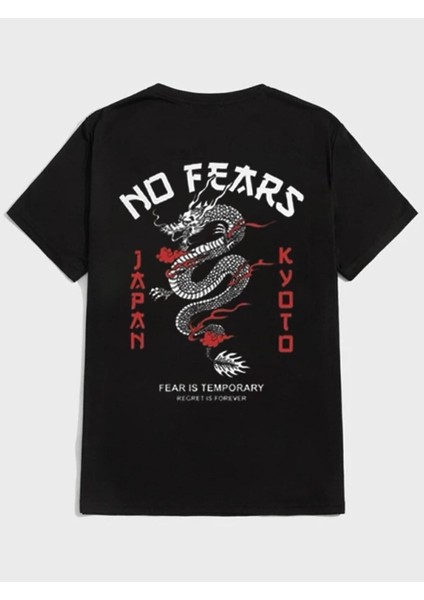 Unisex Baskılı Siyah T-Shirt No Fears Ejderha indirimleri