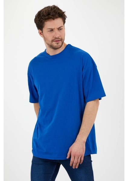 Pamuk Bisiklet Yaka Saks Mavi Oversize T-Shirt modelleri