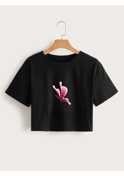 Kadın Siyah Kelebek Baskılı Crop Tshirt