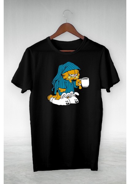 Oversize Siyah Uyku Tulumlu Garfıeld Illustrasyon Tshirt