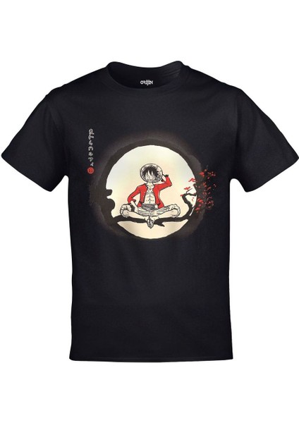One Piece Monkey D. Luffy Ağaç Baskılı Siyah Tshirt