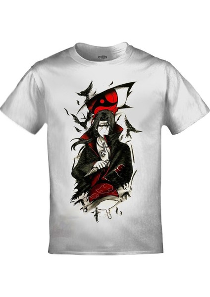 Naruto Akatsuki Itachi Uchiha Crows Baskılı Beyaz Tshirt