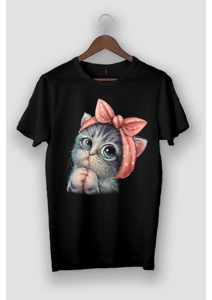 Kadın Siyah Sevimli Minik Kedi Baskılı T-Shirt