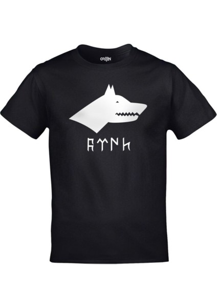 Unisex Siyah Kurt Türk Yazısı Göktürk Alfabesi Baskılı Tshirt