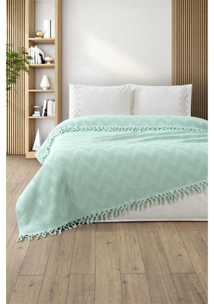 Tivoli Çift Kişilik Jakar Desen Bağlama Saçaklı Waffle Pike Takımı - Delfina - Mint