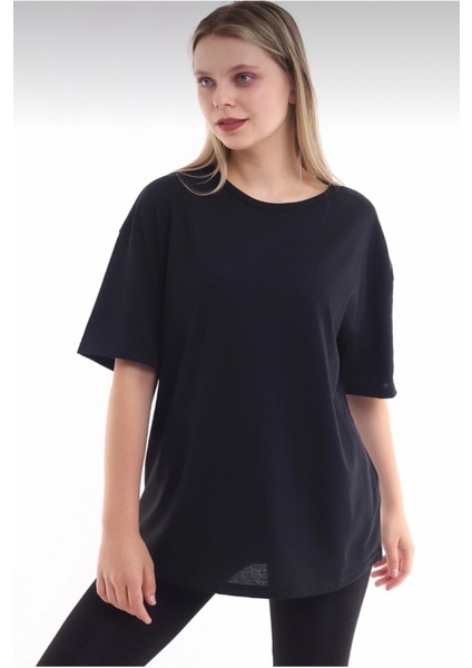 Pamuk Bisiklet Yaka Boyfriend Siyah Örme Oversize T-Shirt