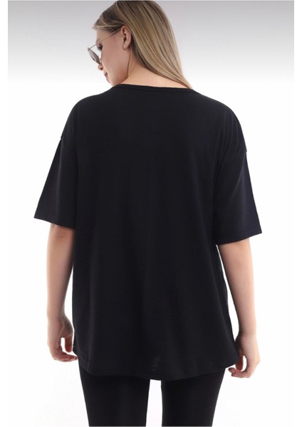 Pamuk Bisiklet Yaka Boyfriend Siyah Örme Oversize T-Shirt modelleri
