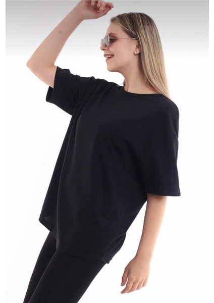 Pamuk Bisiklet Yaka Boyfriend Siyah Örme Oversize T-Shirt fırsatları