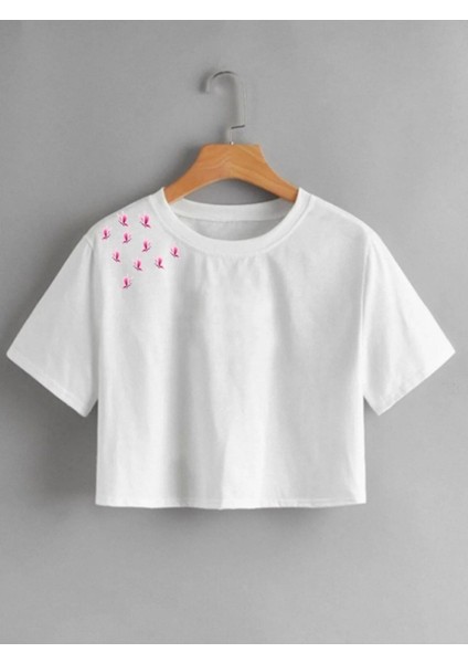 Kadın Beyaz Kelebekler Baskılı Crop Tshirt
