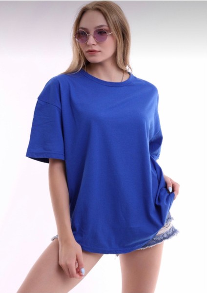 Unisex Pamuklu Saks Mavisi Bisiklet Yaka Oversize T-Shirt