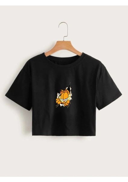 Kadın Siyah Baskılı Crop Tshirt