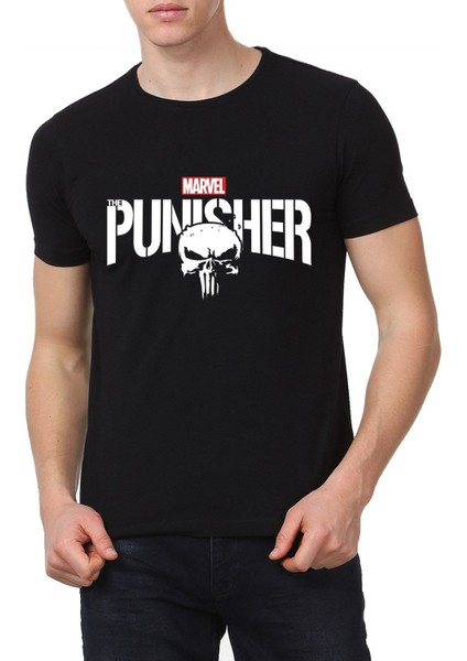 Siyah Punisher Baskılı T-Shirt