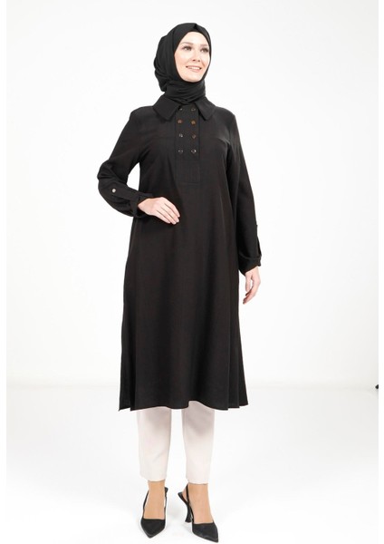 Kolu Apoletli Siyah Tesettür Tunik 9340
